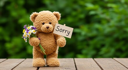 Teddy Bear Holding Sorry Sign with Flowers on Wooden Surface