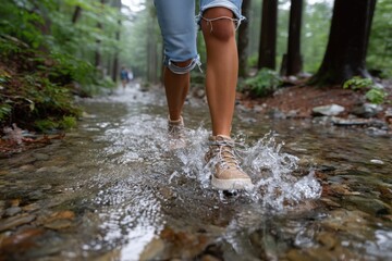A person walks through a refreshing stream in torn jeans and hiking boots, epitomizing leisure, adventure, and a carefree spirit while enjoying the beauty of nature.