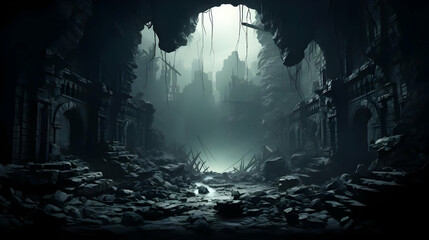 Post Apocalyptic Grayscale Pixelated Cityscape with Ruined Architecture in the Dim Foggy Light