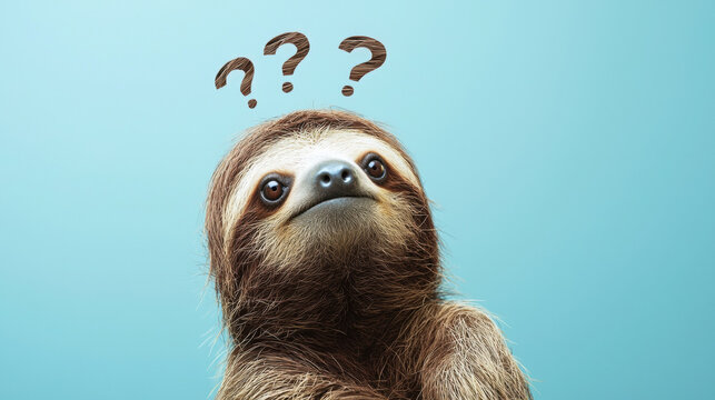 Adorable confused sloth hanging with a tilted head, question marks above, minimalist soft blue background