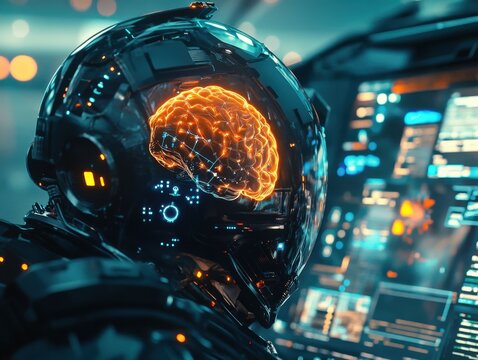 Cybernetic Mind at Work: A futuristic vision of a cybernetic being at work, highlighting the fusion of technology and intelligence.