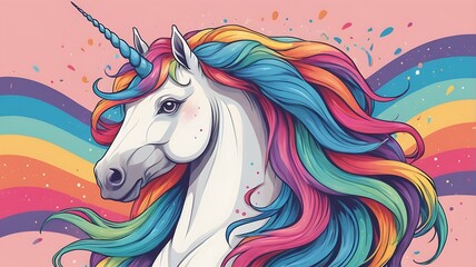 Fototapeta premium A majestic unicorn with a flowing rainbow mane, clean vector strokes and dreamy colors