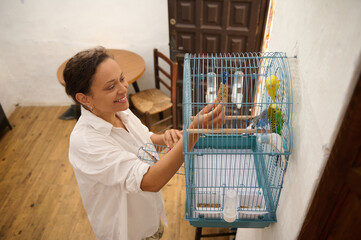 A cheerful woman interacts with two colorful budgies in a cage placed indoors, sharing joy and care.
