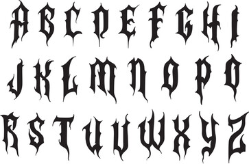 Icon set of gothic font letters in latin alphabet. Concept of medieval scary typography horror calligraphy for rock metal music tattoo graffiti. Vector icons isolated on transparent background.
