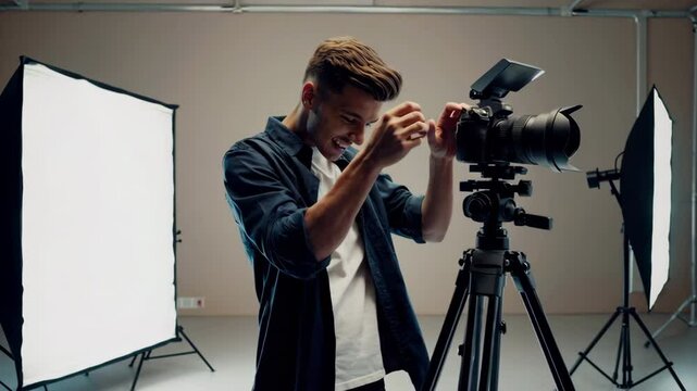 Photographer adjusting camera settings in modern studio