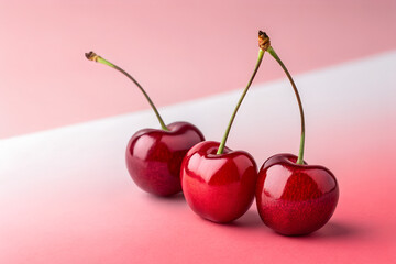 Glossy red cherries on pink gradient, minimalist elegance