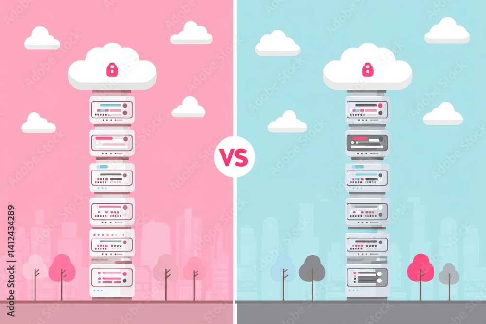 Poster a digital illustration contrasting two cloud server stacks, one in pink and one in blue, symbolizing
