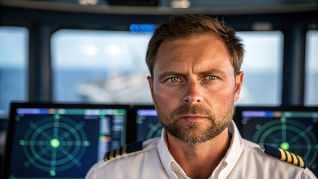 focused captain stands in cargo port control room, overseeing operations with advanced technology and radar systems