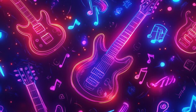Vibrant neon guitars and music notes floating in a dark cosmic backdrop