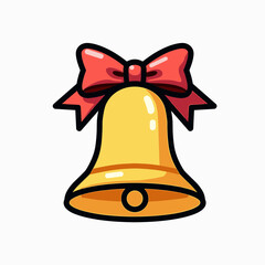 cartoon bell with red ribbon  yellow icon illustration