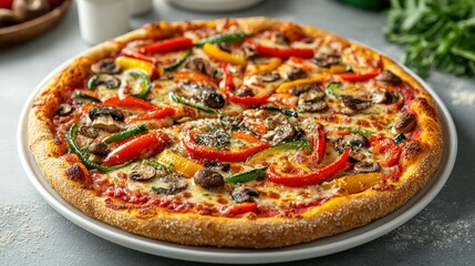 A gourmet vegetarian pizza, with grilled vegetables like bell peppers, zucchini, and mushrooms, on a whole wheat crust, sprinkled with parmesan cheese, served on a white ceramic plate.