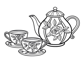 Vector coloring book page for adults. Black and white illustration of a Tea service with an elegant floral ornament. Cup and teapot