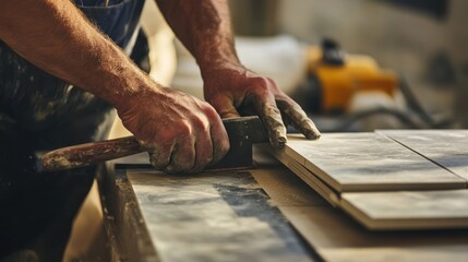 Tiler cutting tiles at a construction site. Featuring skill and accuracy