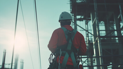 Obraz premium Electrician fixing power lines at a construction site. Safety and expertise