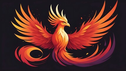A phoenix rising from the ashes, fiery gradient feathers, and sharp vector lines