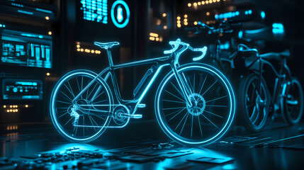 Electric Bike in Neon Futuristic City: A sleek electric bike, rendered in neon outlines, glows against the backdrop of a futuristic cityscape.