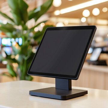 sleek point of sale terminal with empty display sits on counter in modern retail environment, surrounded by blurred background elements and soft lighting