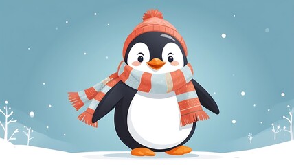 A happy penguin wearing a winter scarf, adorable vector character design