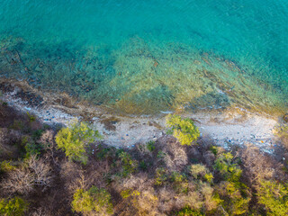 Aerial view white sand beach wave tropical island turquoise water