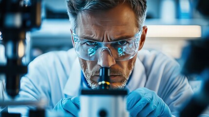 A focused chemistry scientist peering through a microscope in a research lab, complex lab equipment and glassware surrounding them, concentrated expression.