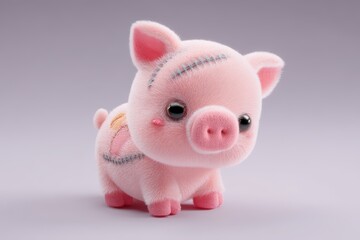 Cute Pink Patchwork Piglet Plush with Stitched Details Against Gradient Gray Backdrop.