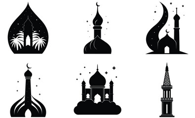 Set  Of Mosque Minar Silhouette Vector illustration – Islamic Tower and Religious Architecture 

