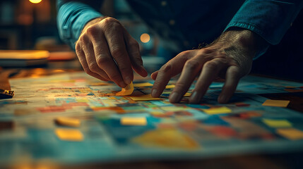 Obraz premium Hands placing sticky notes on a colorful map in a dimly lit workspace, brainstorming ideas for a project