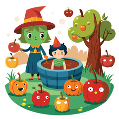 Fototapeta premium Halloween Bobbing for apples isolated on white background 