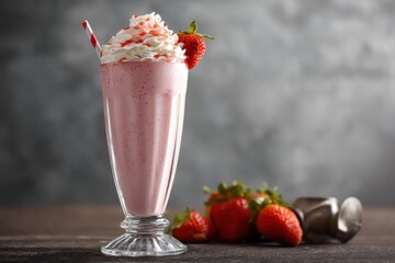 Delicious Strawberry Milkshake Creamy Whipped Sweet Dessert Drink Refreshing Cold Summer red ice    
