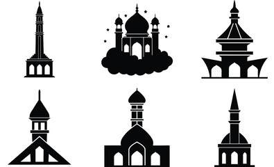 Set  Of Mosque Minar Silhouette Vector illustration – Islamic Tower and Religious Architecture 

