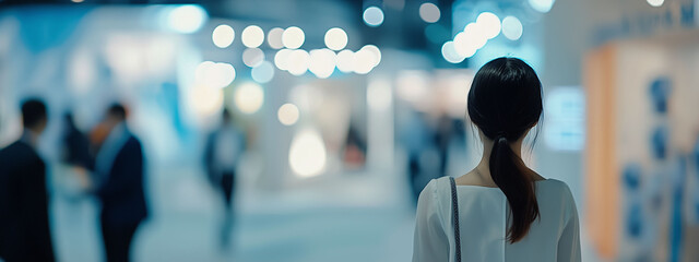 Blurred Scene of Business Professionals Walking Around an Exhibition Hall with Banner Signs for Showcasing Products and Services at Trade Shows or Events