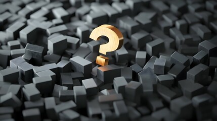 A golden question mark stands out from a pile of dark gray cubes.