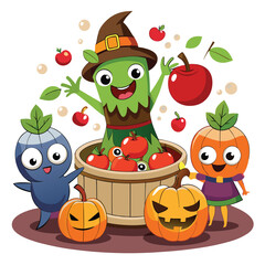 Halloween Bobbing for apples isolated on white background 