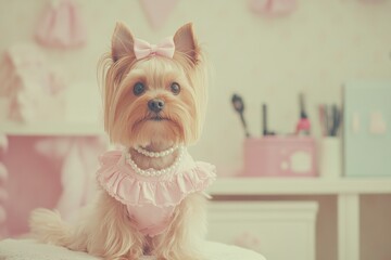The grooming beauty salon with a pink interior is where a cute yorkshire terrier dog, or yorkie, is currently located