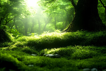 Fototapeta premium Lush Green Forest with Sunlight Filtering Through Trees, Illuminating Mossy Ground and Rocks