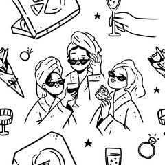 Whimsical bachelorette party seamless pattern tile, girls night party hand drawn line art