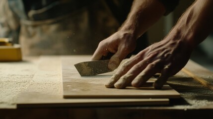Tiler cutting tiles for a floor installation. Featuring accuracy and skill