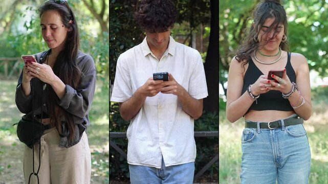 A stylish collage composition shows one young man and two young women using smartphones - one in a work call, one chatting, one taking selfies