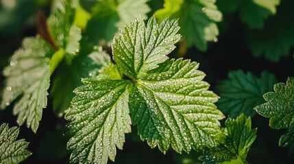 Close-up of morning dew drops on vibrant green leaves highlighting earth day and nature's beauty. concept of freshness, environmental awareness, morning calm, ecology, background, copy space
