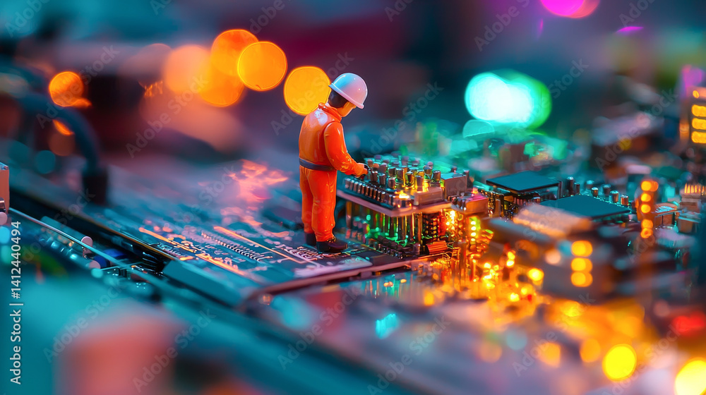 Poster miniature figure of an engineer on circuit board in vibrant light. concept of microengineering, inno