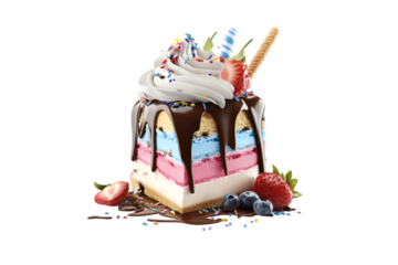 Delicious layered ice cream cake dessert strawberries blueberries chocolate syrup sprinkles