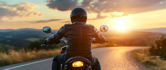 Riding into the Sunset: A biker on a motorcycle embraces the open road, the setting sun paints the sky with vibrant hues, embodying freedom and the thrill of the journey. 