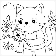 Dessin kawaii au trait de chat pour livre de coloriage pour adulte ou enfant. Trait noir totalement isol&eacute; du fond. Id&eacute;al pour conception a ajuster dans votre livre ou cahier. Encadr&eacute; transparent. 