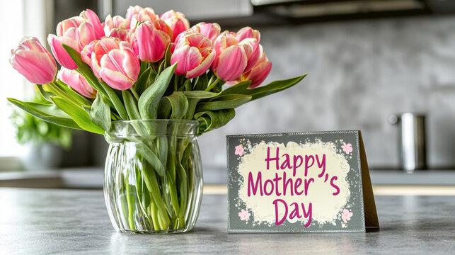 Bright kitchen with fresh tulips in vase celebrating mother's day. concept of maternal appreciation, floral decoration, home warmth, festive atmosphere, Happy Mother's Day greeting card