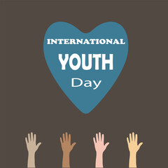 International Youth Day Celebration card with team and heart isolated on grey background. Vector illustration, banner or poster for international youth day.