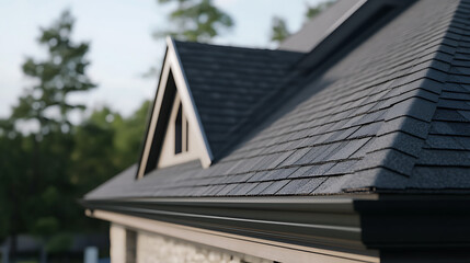 Roofer installing asphalt shingles on a new suburban house. Featuring roofing work