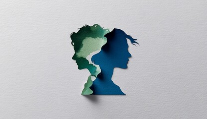 The concept of mental health is represented by a person with bipolar disorder, symbolized through layers of paper cut into a human head that showcases various emotions