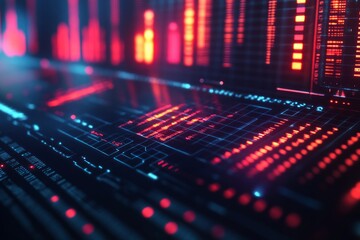 Closeup of a computer keyboard illuminated with dynamic red and blue LED lights for modern aesthetics