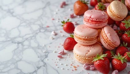 Delicious Pink Macarons and Fresh Strawberries on Marble Surface, Food Photography, Bright Kitchen