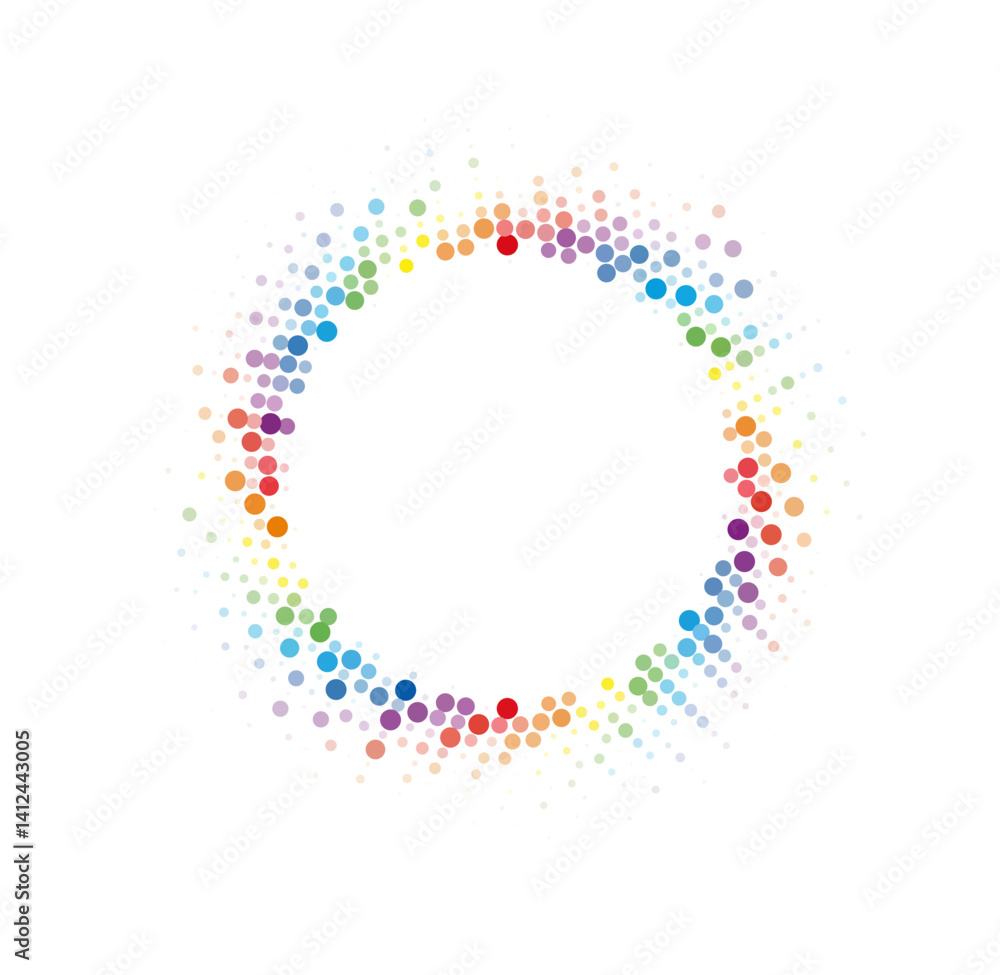 Poster circular vector illustration made of small, multicolored dots arranged in a gradient pattern, creati